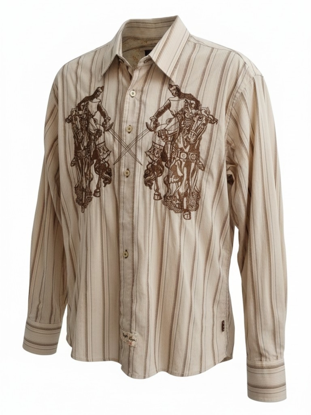 English Laundry Striped Beige & Brown Western Embroidered Men’s Shirt Size XL
